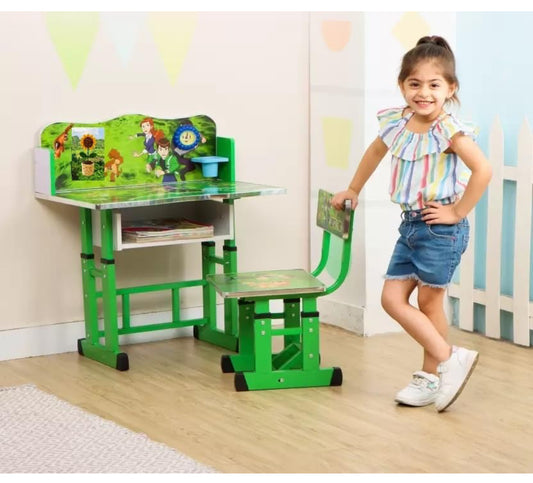 Study Table and Chair Set with Height Adjustable for Suitable 3-10 Years Study Writing Reading for Book Storage (Color-Green )